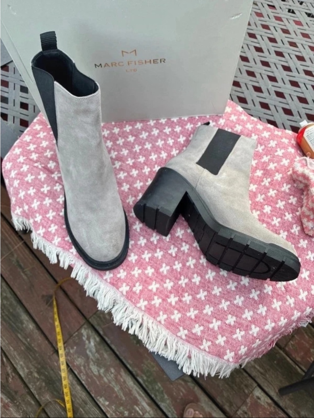 Marc Fisher Light Gray Suede Chelsea Booties with Black Elastic
